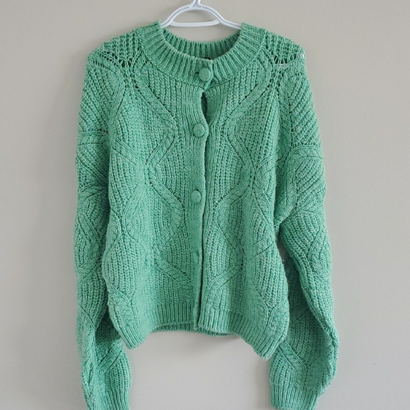 Mango Women's Mint Green Women's Cable Knit Cardigan Sweater Size L - Picture 3 of 11